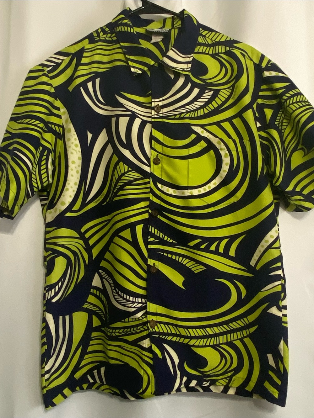 Manuhealii Hawaiian Aloha Shirt Navy Blue Green Men's Medium Geometric Design